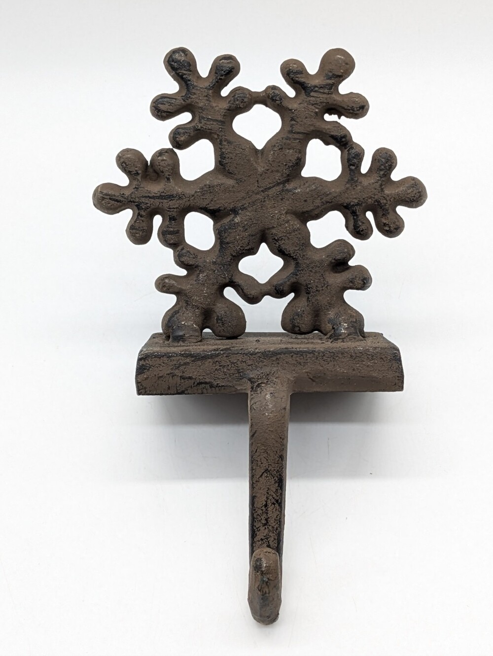 Heavy Brown Black Distressed Cast Iron Metal Snowflake Stocking Holder